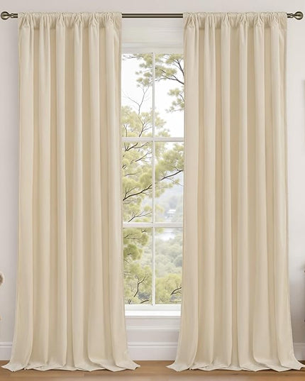 LAMIT Beige Velvet Curtains 102 Inch for Living Room, Elegant Thermal Insulated Drapes Noise Reducing Back Tab and Rod Pocket Drapes for Bedroom/French Door, 2 Panels, 52 x 102 Inch