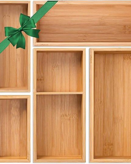 Bamboo Drawer Organizer 5 Pcs for Kitchen Multi-purpose Storage Dividers for Kitchen, Office, Jewelry, Cosmetics, Wooden Drawer Dividers for Drawer Organizer Desk Organizer Gift for Women Gifts Idea