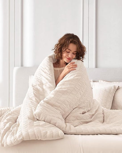 MUXHOMO 7 Pieces Full Comforter Set, Seersucker Bed in a Bag Full Size, All Season Luxury Bedding Set with Comforter, Flat Sheet, Fitted Sheet, Pillowcases & Shams, Beige