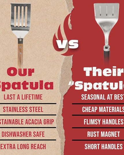 BBQ-AID Pro BBQ Metal Spatula - 17" Barbecue Spatula Stainless Steel with Serrated Knife Edge - Acacia Wood Handle - Heavy Duty Built to Last