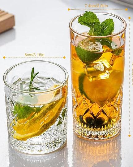 YULEER Drinking Glasses Set of 8, Glassware Drink Set, 4pcs 12oz Highballs and 4pcs 10oz Whiskey Glasses, Crystal Glass Cups Dishwasher Safe for Juice, Cocktail, Beer, and other Beverages