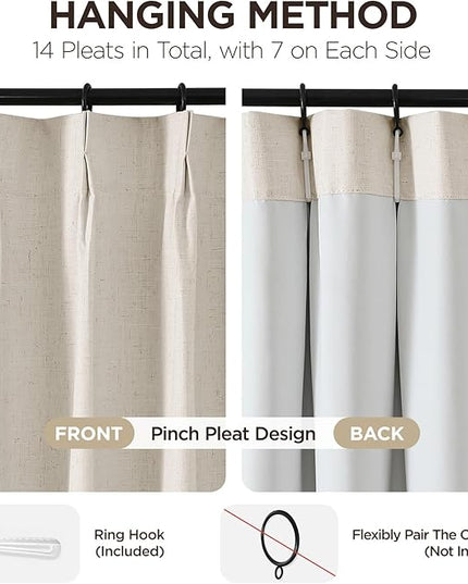Joydeco Pinch Pleated Linen Curtains for Living Room, 100% Blackout Darkening Curtains 72 inches Length 2 Panel Thermal Insulated Pinch Pleat Drapes(Ecru,40'' Wx72'' L)