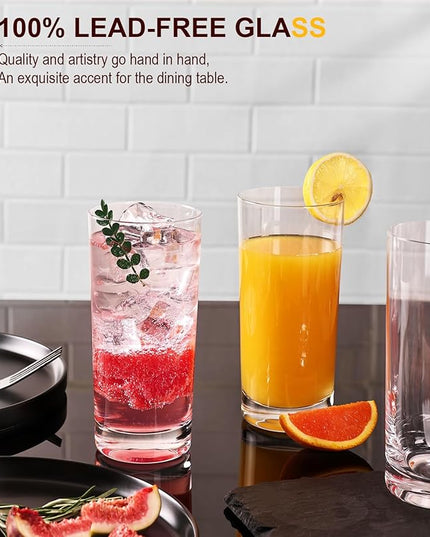 Drinking Water Glasses Set of 6, 16oz Highball Glasses, Lead-Free Crystal Glassware with Unique Wide Mouth, Thoughtful Gifts for House Warming, Birthdays, Everyday Life