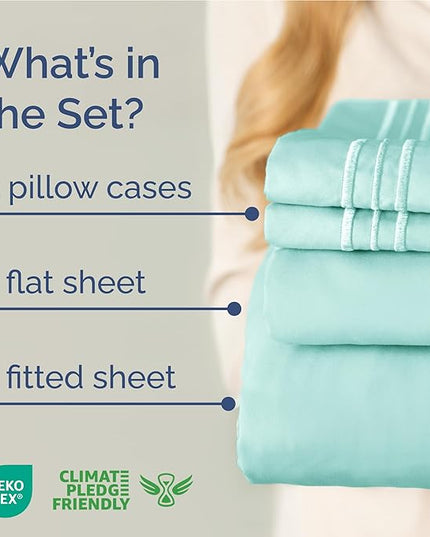 Full Size 4 Piece Sheet Set - Comfy Breathable & Cooling Bed Sheets Set - Hotel Luxury Bedding for Women, Men, Kids, Teens, Boys & Girls - Deep Pockets, Ultra-Soft, Wrinkle Free - Oeko-Tex - Spa Blue