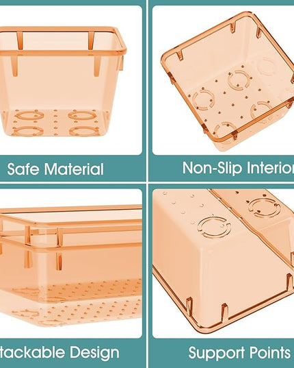WOWBOX 25 PCS Plastic Drawer Organizer Set, 4 Sizes Desk Drawer Divider Organizers and Storage Bins for Makeup, Jewelry, Gadgets for Kitchen, Bedroom, Bathroom, Office, Clear Orange