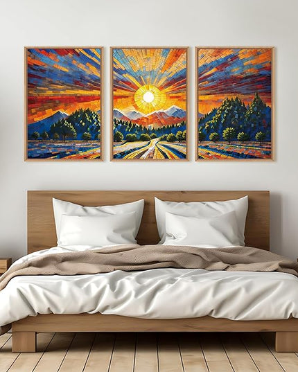 HOURIA Large Natural Mountain Forest Framed Canvas Wall Art Set,Wilderness Sunrise Wall Decor,Boho Pine Tree Square Ridge Artwork,Modern Field Art Print for Living Room, Office, Farmhouse- 16"x24"x3