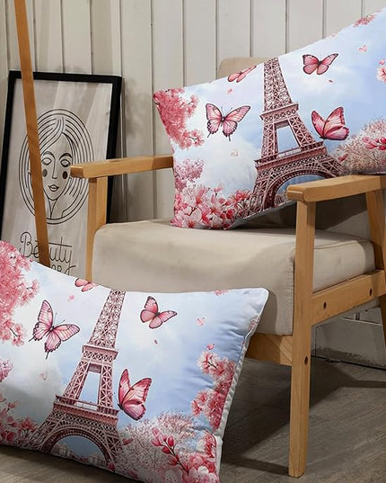 AILONEN Eiffel Tower Fitted Sheet Set for Kids,Girls,Pink Cherry Blossom Butterfly Theme Bedding Set Queen Size, Romantic Moments Bed Sheet Set,3-Piece 1 Sheet Set + 2 Pillowcases