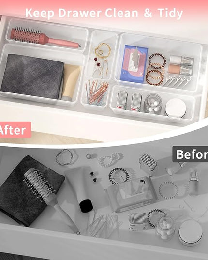 15 PCS Clear Plastic Drawer Organizer Set, 4 Sizes Versatile Bathroom Drawer Organization and Storage Trays, Non-Slip Desk Vanity Storage Bins for Makeup Jewelry Kitchen Utensil Gadget Office
