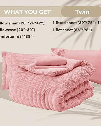 HYMOKEGE Rose Pink Twin Comforter Set Seersucker 5 Pieces, All Season Luxury Bed in a Bag for Bedroom, Bedding Set with Comforter, Sheets, Pillowcase & Sham