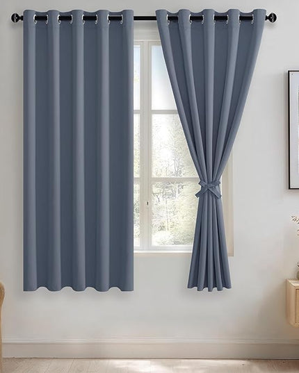 JIUZHEN Dusty Blue Blackout Curtains with Tiebacks Thermal Insulated, Light Blocking and Noise Reducing Grommet Curtains for Bedroom and Living Room, Set of 2 Window Curtain Panels, 60x63 Inch Length