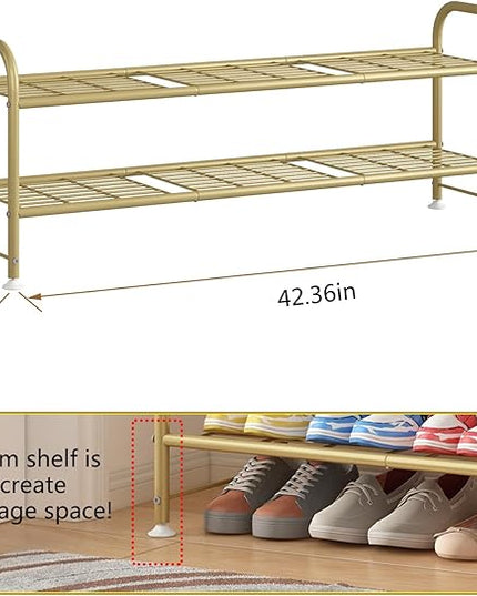 LINZINAR Shoe Rack Long 2 Tier Shoe Storage Organizer Metal Wide Shoe Shelf for Closet Entryway Bedroom 18 Paris Large Capacity, Gold