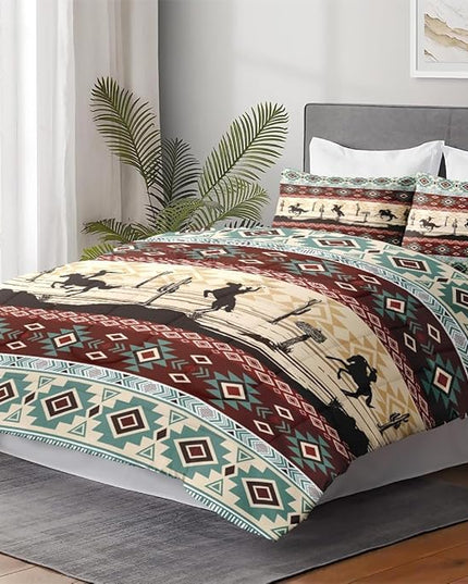 King Size Comforter Set with 2 Pillowcases, Tribal Cowboy Horses 3 Pcs Bedding for Kids and Adults, Retro Vintage Western Soft Comforter Set for Bedroom Bed Decor