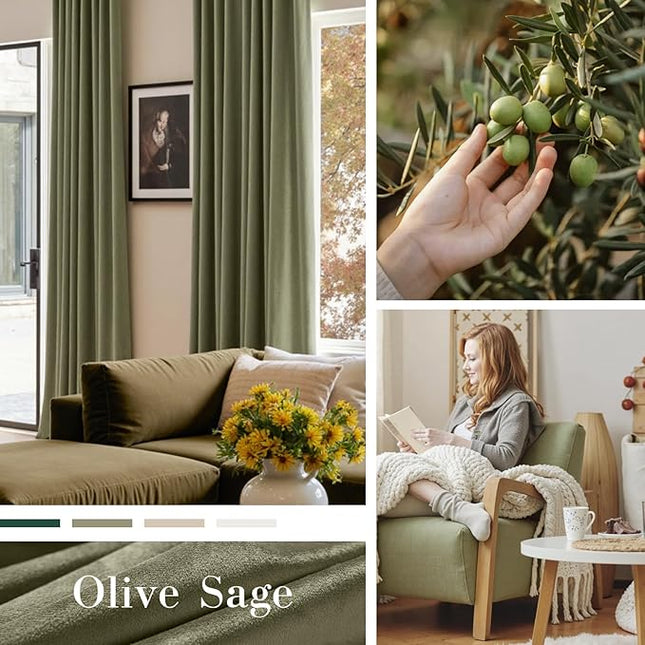 Lazzzy Velvet Green Curtains 108 Inches Long Black Out Thermal Insulated Room Darkening Curtain Drapes Luxury Back Tab Window Treatments for Bedroom Living Room 2 Panels, 52 x 108 Inch, Olive Sage