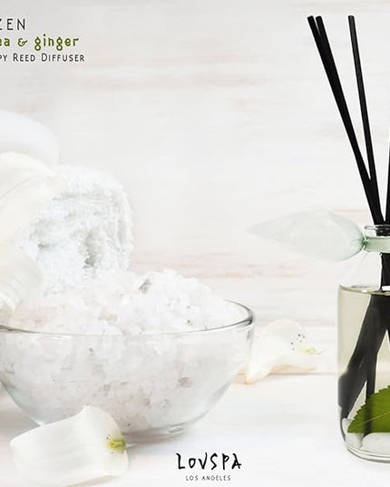 LOVSPA Reed Diffuser Set, Zen White Tea & Ginger Scented Oil Diffuser with Sticks, Home Fragrance Accessories for Bathroom Shelf Decor, Aroma Diffusers for Home or Office Desk, USA Made