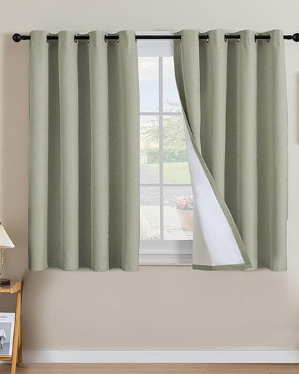 H.VERSAILTEX Linen Curtains 100% Blackout Curtains for Bedroom 45 inch Long Full Light Blocking Nature Linen Blended Window Curtains for Living Room Nickel Grommet (2 Panels, Heathered Tea)