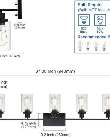 MELUCEE 40 Inches Length 5-Light Bathroom Vanity Light Fixtures Black Industrial Wall Sconce Lighting with Clear Glass Shade for Living Room Bedroom Hallway Kitchen (Patent No.: US D963914 S)