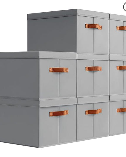 Storage Bins with Lids - Large Fabric Closet Bins with Lid, 8 Pack Clothes Organizers and Storage, Collapsible Stackable Cube Basket for Home, Office, Dorm, Grey