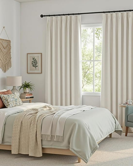 MYSKY HOME Beige Blackout Curtains 63 inches Long Natural Pinch Pleated Curtains for Living Room Bedroom 100% Room Darkening Black Out Window Drapes with Hooks Back Tab, 40" Wide per Panel, 2 Pieces