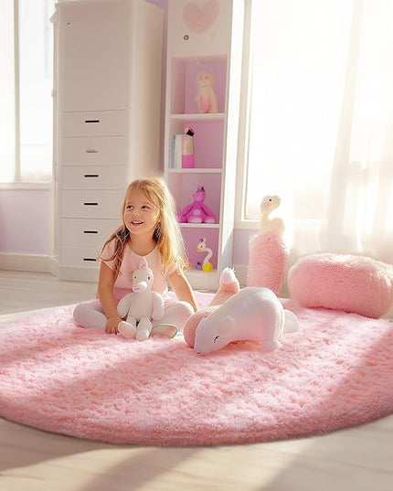 Ophanie Pink Round Rug for Bedroom Girls, Kids Fluffy Kawaii Fuzzy Shag Circle Circular Area Rugs, Cute Plush Christmas Small Carpet 4Ft 4 Foot, for Teen Baby Nursery Home Living Room Decor Aesthetic