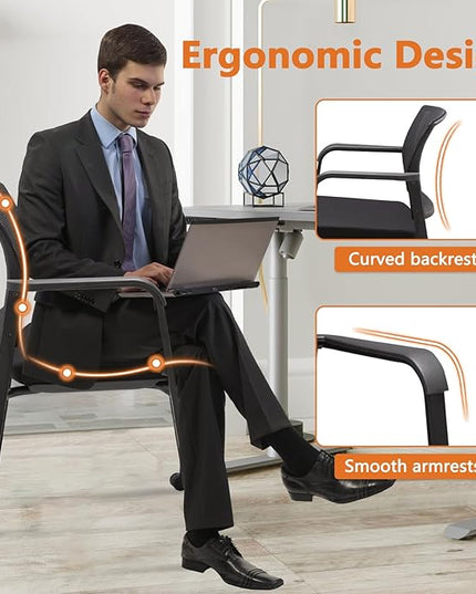 CLATINA Black Waiting Room Chair with Wheels Mesh Back Stacking Arm Chairs with Upholstered Fabric Seat and Ergonomic Lumbar Support for Office School Church Guest Reception