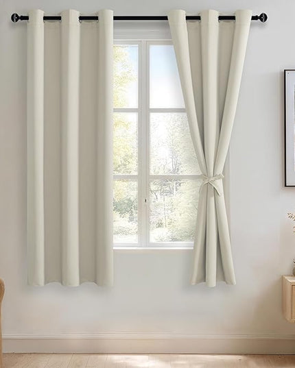 JIUZHEN Ivory Blackout Curtains with Tiebacks - Thermal Insulated, Light Blocking and Noise Reducing Grommet Curtains for Bedroom and Living Room, Set of 2 Window Curtain Panels, 42 x 63 Inch Length