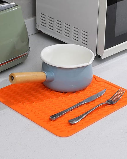 Silicone Dish Drying Mat for Multiple Usage,Easy clean,Eco-friendly,Heat-resistant Silicone Mat for Kitchen Counter or Sink,Refrigerator or Drawer liner Orange M 12 inches x 12 inches