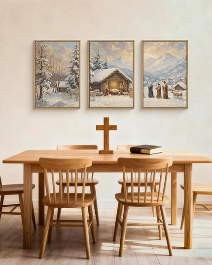 HOURIA Christian Christmas Nativity Framed Canvas Wall Art Set,Religious Mary Joseph & Jesus Christ Biblical Decor,Holy Family Star of Bethlehem Winter Artwork for Living Room,Church,Holiday-16"x24"x3