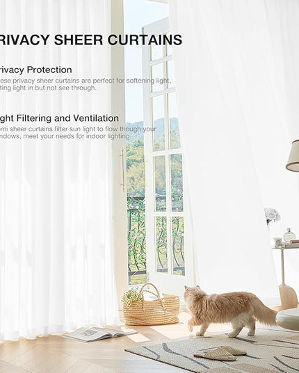 Anmao Non-See-Through Bright White Privacy Semi Sheer Curtains for Living Room 80 Inch Length 2 Panels Set, Light Filtering That Let Light In Rod Pocket Window Drapes for Bedroom, 52W x 80L,Pure White