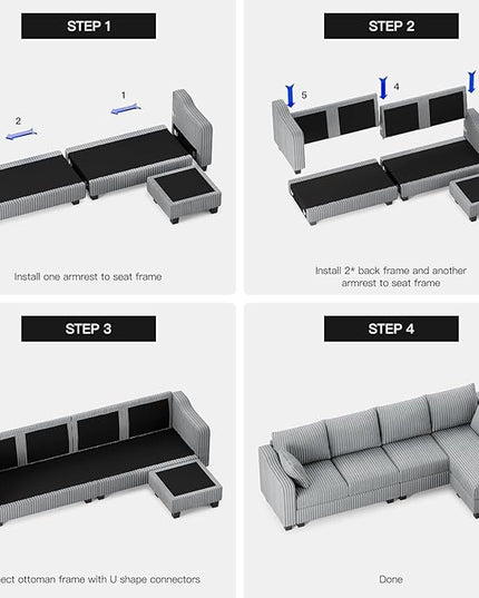 Belffin Sectional Couch with L-Shape Chaise L Shaped Couch with Ottoman Sectional Couches for Living Room Corduroy (Light Grey, L Shaped)