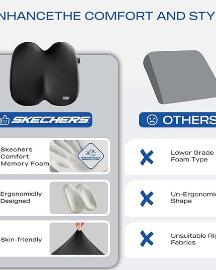 Skechers Seat Cushion, Ergonomic Memory Foam Cushion for Long Sitting Hours on Office & Home Chair, Car Seat Cushion for Sciatica, Coccyx Cushion,Black