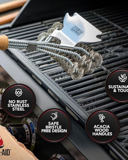 BBQ-AID Grill Brush for Outdoor Grill Bristle Free - 18" BBQ Brush for Grill Cleaning Kit - Safe BBQ Grill Cleaner Brush and Scraper - Stainless Grill Cleaning Brush for Any Grill, Grill Accessories
