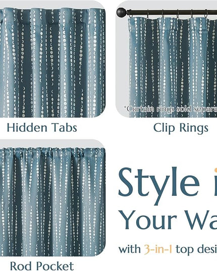 jinchan 95% Blackout Boho Curtains, Moon Phases Printed 96 Inches Long Blue Drapes for Bedroom Living Room Nursery Farmhouse, Rod Pocket Back Tab Thermal Insulated Window Treatment Set 2 Panels