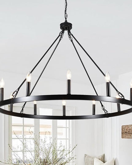 12-Light Black Wagon Wheel Chandelier for Dining Room Farmhouse Pendant Light Fixtures Outdoor for Rustic High Ceilings Round Chandeliers for Living Room Entryway Foyer Kitchen Island,38",E12