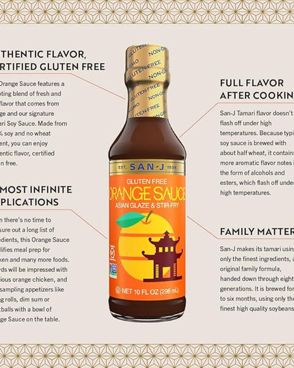 San-J - Spice of Life Variety Pack- Teriyaki, Orange Sauce, Szechuan, Thai Peanut - All Gluten Free Cooking Sauces - Non-GMO - 10 oz. Bottles - 4 Pack