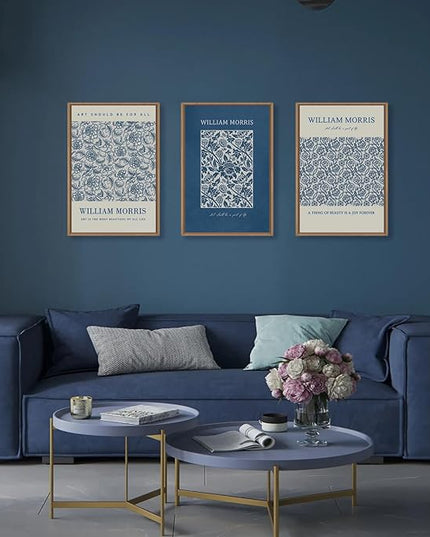 HOURIA William Morris Floral Framed Canvas Wall Art Set,Navy Blue White Flower Wall Decor,Retro Textured Botanical Artwork,Modern Neutral Blossom Art Print for Living Room,Bedroom,Office-16 x24 x3