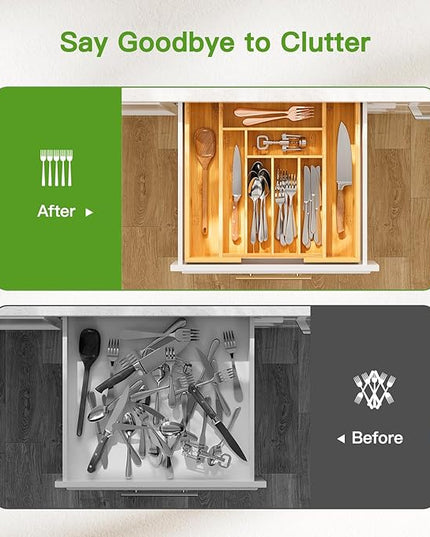 Pipishell Bamboo Expandable Drawer Organizer for Utensils Holder, Adjustable Cutlery Tray, Wood Drawer Dividers Organizer for Silverware, Flatware, Knives in Kitchen, Bedroom, Living Room(M-N)