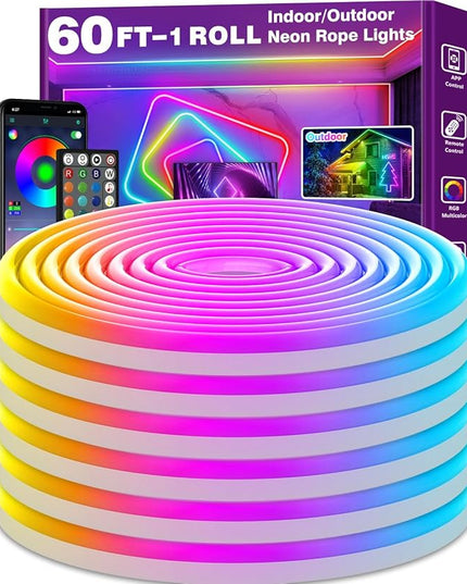 AILBTON 60FT Led Neon Rope Lights Control with App/Remote,Flexible Led Rope Light,Multiple Modes,IP65 Outdoor RGB Lights Waterproof,Music Sync Gaming Led Neon Strip Light for Bedroom Decor