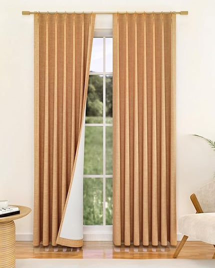 YZ HOME Gold Pinch Pleated 100% Blackout Curtains 95 Inches Long Linen Room Darkening Window Curtains for Living Dining Room Bedroom Thermal Insulated Pinch Pleat Double Layer Drapes with Hooks