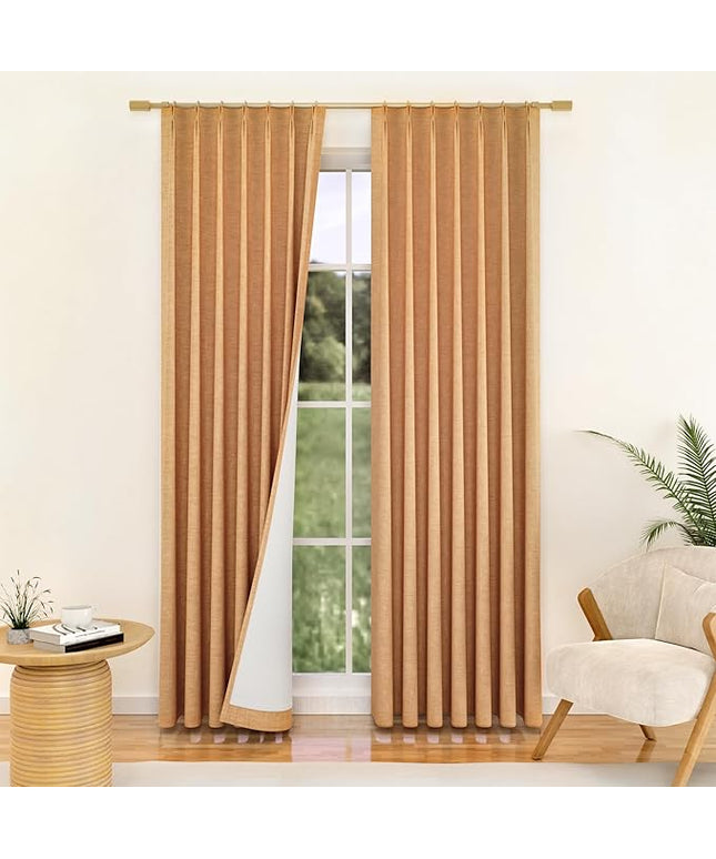 YZ HOME Gold Pinch Pleated 100% Blackout Curtains 95 Inches Long Linen Room Darkening Window Curtains for Living Dining Room Bedroom Thermal Insulated Pinch Pleat Double Layer Drapes with Hooks