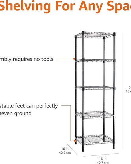 Amazon Basics 5-Shelf Tower Adjustable Storage Shelving Unit, Black, 16 D x 16 W x 54 H in