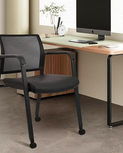 CLATINA Stacking Office Chair with Wheels, Mesh Back Waiting Room Guest Chairs with Arms Comfortable Leather Cushion Stackable Desk Chair for Conference Reception School Side Stationary, Black, 2PK