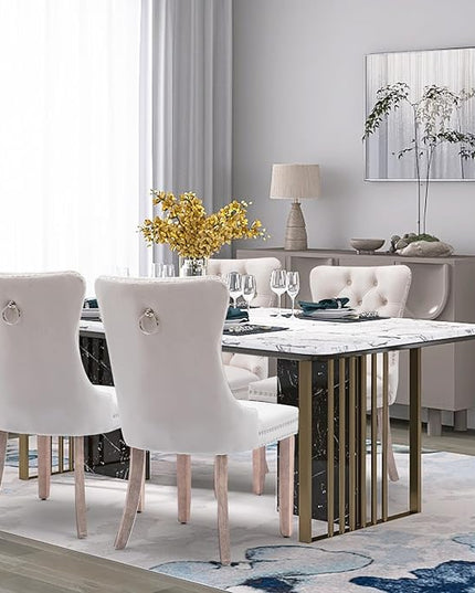 SoarFlash Velvet Dining Chairs Set of 2, Tall Back Side Chair, Modern Upholstered High-end Tufted Side Chair with Button Back Ring, Solid Wood Legs (Beige)