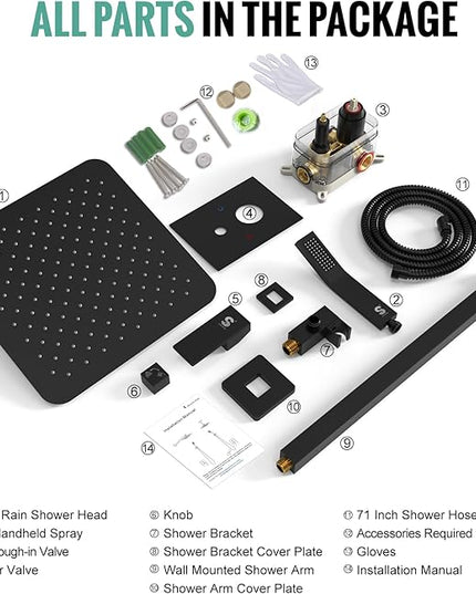 SR SUN RISE Matte Black Square Rainfall Shower Head and Handle Set, Wall Mounted Shower Fixtures, Metal Shower Faucet Trim Repair Kits (With Shower Valve) 16 Inches