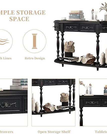HMFULE Retro Curved Console Table, 52" Solid Wood Half Moon Console Table Sofa Table with 4 Drawers 1 Open Shelf for Living Room,Entryway,Hallway,Black