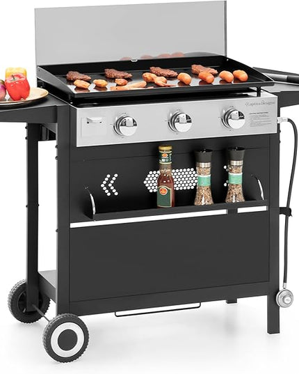 Captiva Designs 27 in Flat Top Griddle Grill with Ceramic Coated Cast Iron Pan, 3-Burner Propane Gas Griddle Grill, 33,000 BTU Output Flattop Grills for Outdoor Barbecue, Cooking and Party