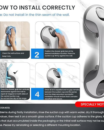 2 Pack 12 Inch Grab Bars for Bathtubs and Showers for Seniors, Heavy Duty Shower Handle for Elderly, Suction Cup Removable Handrails Handicap Bath Grip Bathroom Safety Grips (Gray