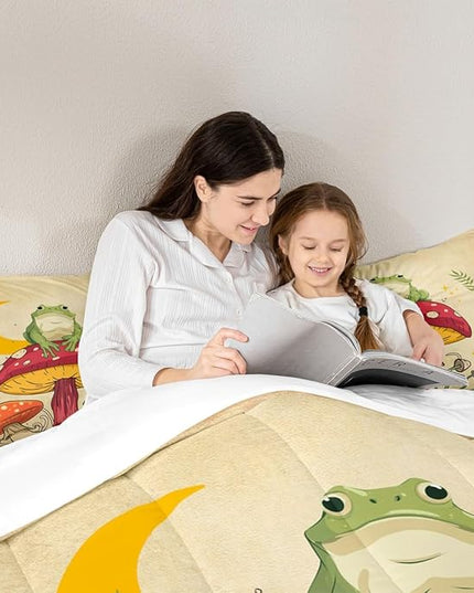Mushroom Kids Comforter Set Full Size,Frog Plants Botanical Colorful Bedding Set,Girls Boys Adults Bedroom Decor,Sun Moon Starry Sky Down Comforter,Brown Rustic Retro Duvet Insert,2 Pillowcases