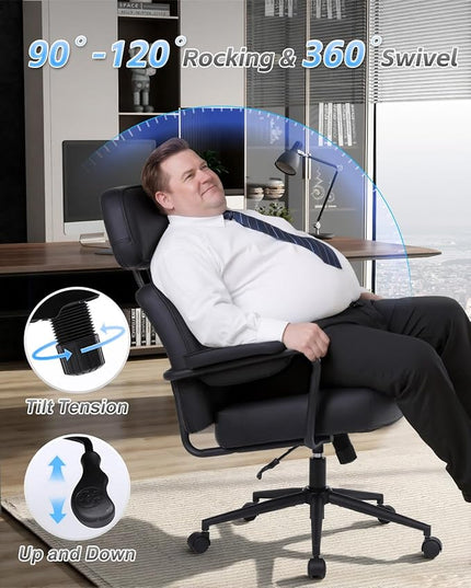Big and Tall Office Chair 500LBS, Executive Office Chair for Heavy People, Heavy Duty Desk Chair Comfy, Computer Chair High Back PU Leather, Extra Wide Rocking Chair with Wheels Home Office, Black 2PC