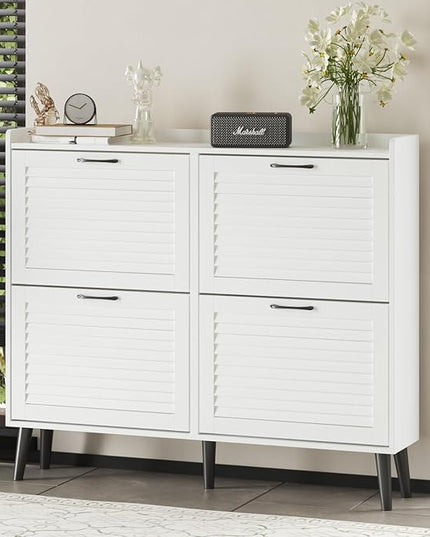 Maupvit Shoe Storage Cabinet with 4 Flip Louvered Doors, Freestanding Organizer with Metal Hinges ＆ Wooden Legs, Shoe Cabinet for Entryway, Narrow Shoe Rack Cabinet, White