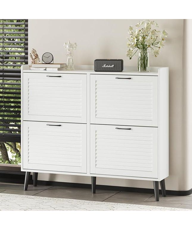 Maupvit Shoe Storage Cabinet with 4 Flip Louvered Doors, Freestanding Organizer with Metal Hinges ＆ Wooden Legs, Shoe Cabinet for Entryway, Narrow Shoe Rack Cabinet, White